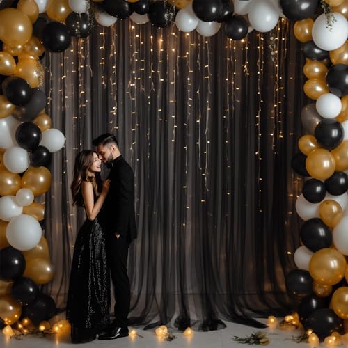 30x8ft Black Tulle Backdrop Curtain with Lights String for Parites, Sheer Photo Backdrop Curtains with Lights, alternate view