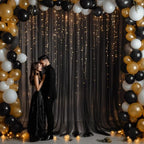 30x8ft Black Tulle Backdrop Curtain with Lights String for Parites, Sheer Photo Backdrop Curtains with Lights, alternate view