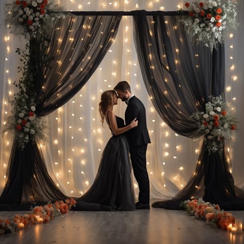 30x8ft Black Tulle Backdrop Curtain with Lights String for Parites, Sheer Photo Backdrop Curtains with Lights, alternate view
