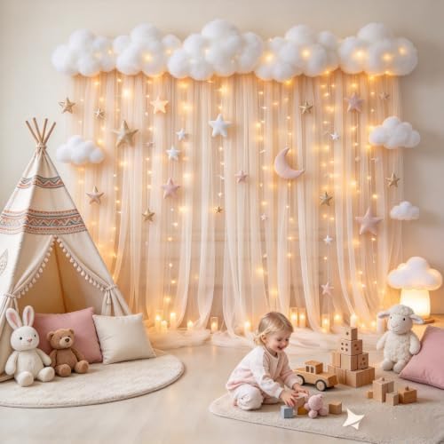 30x8ft Champagne Backdrop Curtain with Lights Sheer Tulle Curtains in 30x8ft, alternate view 4