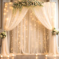 30x8ft Champagne Tulle Backdrop Curtain with Lights String for Parites, Sheer Backdrop Curtains for Wedding Baby