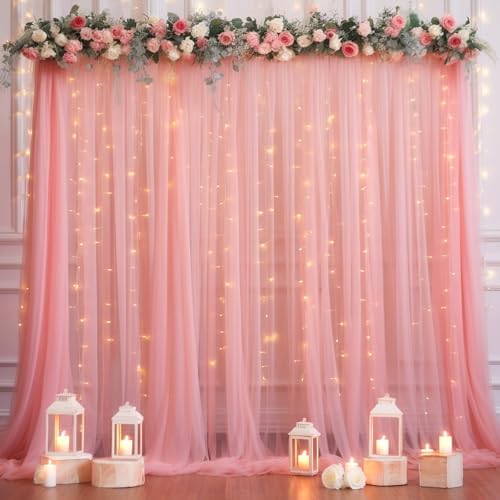 30x8ft Dusty Rose Tulle Backdrop Curtain with Lights String for Parites, Sheer Photo Backdrop Curtains with, alternate view 4