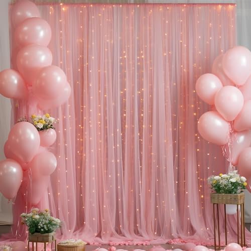 30x8ft Dusty Rose Tulle Backdrop Curtain with Lights String for Parites, Sheer Photo Backdrop Curtains with, alternate view 5