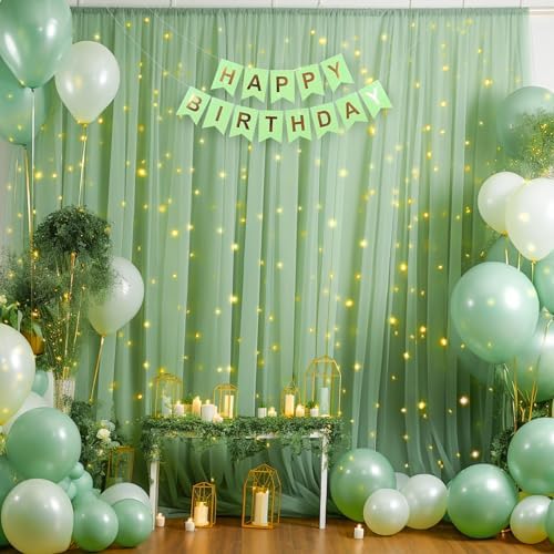 30x8ft Olive Green Tulle Backdrop Curtain with Lights String for Parites, Sheer Photo Backdrop Curtains with, alternate view