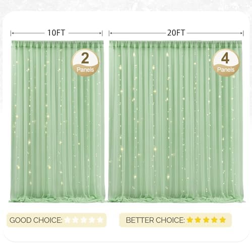 30x8ft Olive Green Tulle Backdrop Curtain with Lights String for Parites, Sheer Photo Backdrop Curtains with, alternate view
