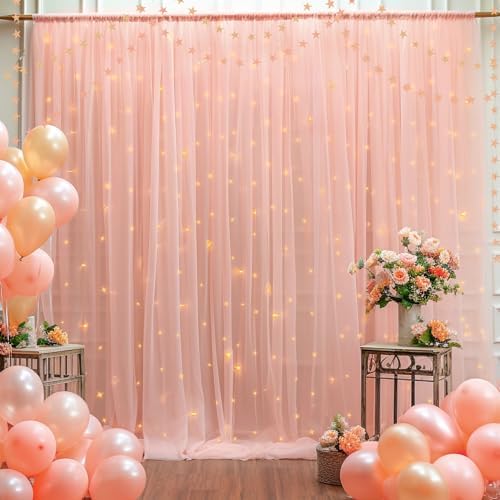 30x8ft Peach Tulle Backdrop Curtain with Lights String for Parites, Sheer Photo Backdrop Curtains for Easter, alternate view