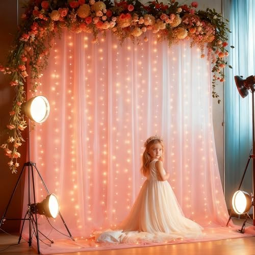 30x8ft Peach Tulle Backdrop Curtain with Lights String for Parites, Sheer Photo Backdrop Curtains for Easter, alternate view