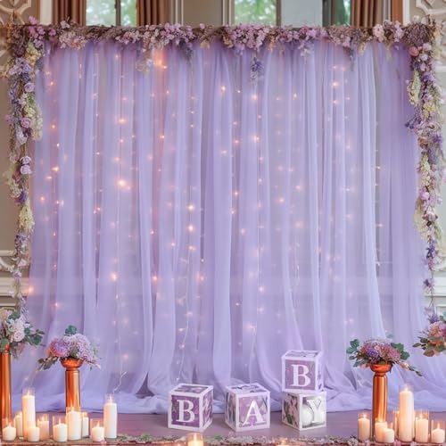 30x8ft Purple Tulle Backdrop Curtain with Lights String for Parites, Sheer Photo Backdrop Curtains with Lights, alternate