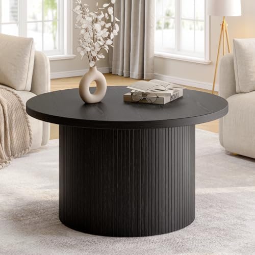 31.5" Round Coffee Table, Tambour Design, Black in Black