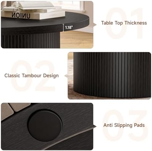 31.5" Round Coffee Table, Tambour Design, Black in Black, alternate view 6