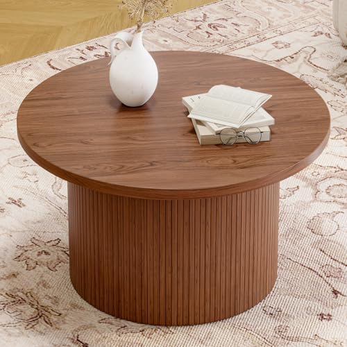 31.5" Round Coffee Table, Tambour Design Coffee Tables for Living Room, Mid Century Modern Wood Coffee Table, alternate view