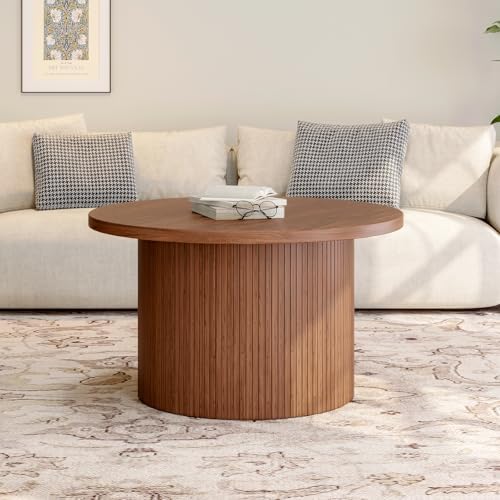 31.5" Round Coffee Table, Tambour Design Coffee Tables for Living Room, Mid Century Modern Wood Coffee Table, alternate view