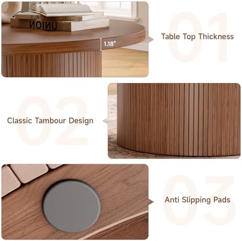 31.5" Round Coffee Table, Tambour Design Coffee Tables for Living Room, Mid Century Modern Wood Coffee Table, alternate view
