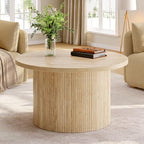 31.5" Round Coffee Table, Tambour Design, Travertine Color