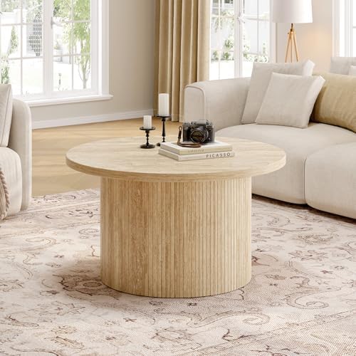31.5" Round Coffee Table, Tambour Design, Travertine Color, alternate view 3