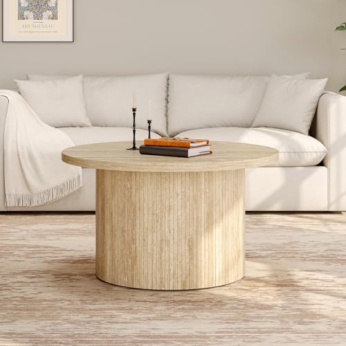 31.5" Round Coffee Table, Tambour Design, Travertine Color, alternate view 5