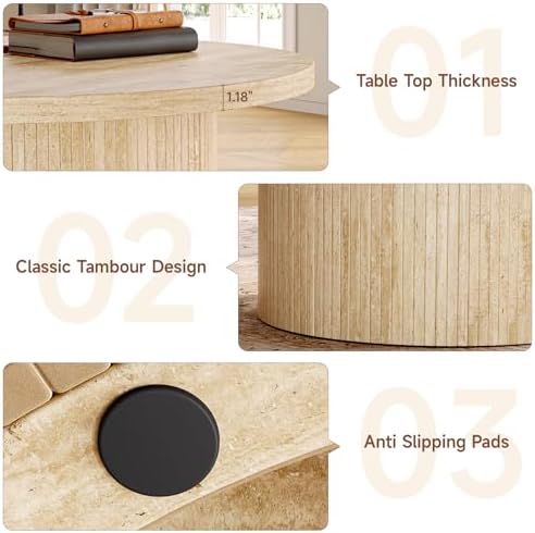 31.5" Round Coffee Table, Tambour Design, Travertine Color, alternate view 6