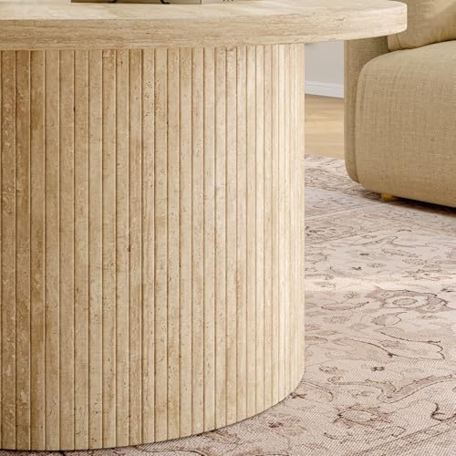 31.5" Round Coffee Table, Tambour Design, Travertine Color, alternate view 7