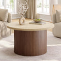 31.5" Round Coffee Table, Tambour Design, Travertine & Walnut