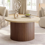 31.5" Round Coffee Table, Tambour Design, Travertine & Walnut