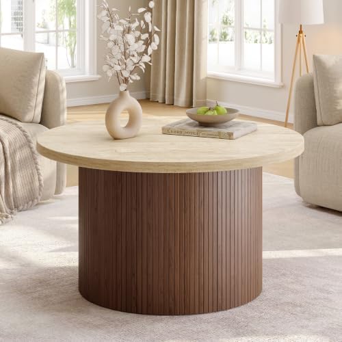 31.5" Round Coffee Table, Tambour Design, Travertine & Walnut