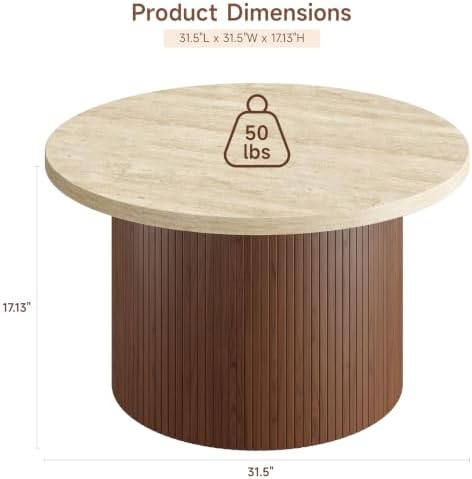 31.5" Round Coffee Table, Tambour Design, Travertine & Walnut, alternate view 2