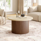 31.5" Round Coffee Table, Tambour Design, Travertine & Walnut, alternate view 3