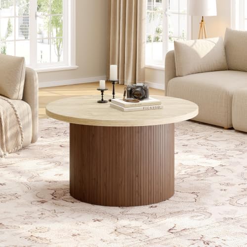 31.5" Round Coffee Table, Tambour Design, Travertine & Walnut, alternate view 3