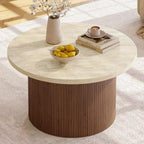 31.5" Round Coffee Table, Tambour Design, Travertine & Walnut, alternate view 4