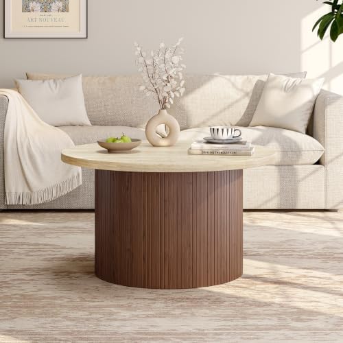 31.5" Round Coffee Table, Tambour Design, Travertine & Walnut, alternate view 5