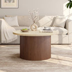 31.5" Round Coffee Table, Tambour Design, Travertine & Walnut, alternate view 5