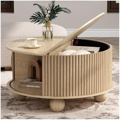 31.5" Round Coffee Table with Storage for Living Room, Natural Oak