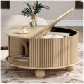 31.5" Round Coffee Table with Storage for Living Room, Natural Oak