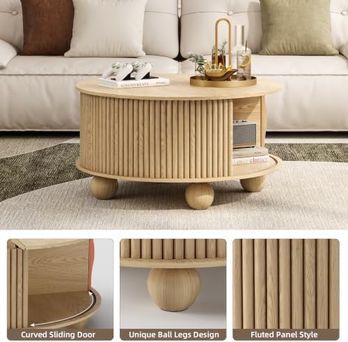 31.5" Round Coffee Table with Storage for Living Room, Natural Oak, alternate view 3