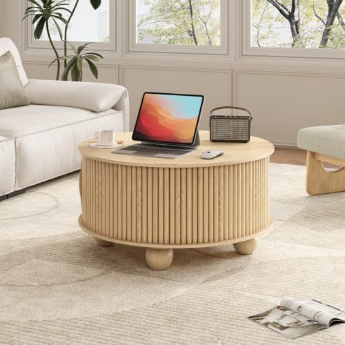 31.5" Round Coffee Table with Storage for Living Room, Natural Oak, alternate view 5