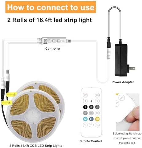 32.8ft COB LED Strip Light Warm White, High Bright LED Strips with 320LEDs, RF Remote and UL Power Supply, 3000K, alternate
