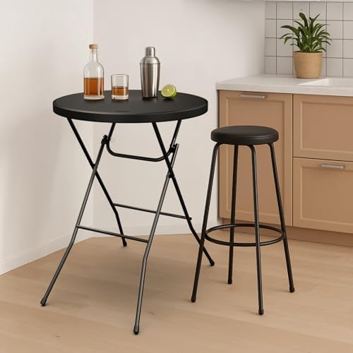 32" Cocktail Table High Top Table, Folding Round Table Bar Height, HDPE Matrial with Gray Metal Finish for, alternate view 2