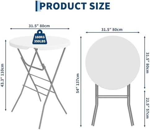 32" Folding Cocktail Table, HDPE Round High Top Table with Metal Frame, alternate view 3
