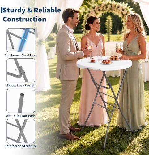 32" Folding Cocktail Table, HDPE Round High Top Table with Metal Frame, alternate view 4