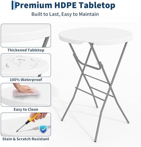 32" Folding Cocktail Table, HDPE Round High Top Table with Metal Frame, alternate view 5