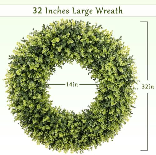 32 Inch Extra Large Boxwoods Green Spring Artificial Wreath for Front Door, Year Round Spring Summer Winter, alternate view 3