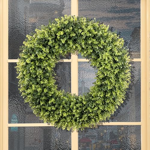 32 Inch Extra Large Boxwoods Green Spring Artificial Wreath for Front Door, Year Round Spring Summer Winter, alternate view 6