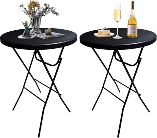 32-Inch Folding Cocktail Table, Bar Height Round Table, 2 Pack, Black in Black