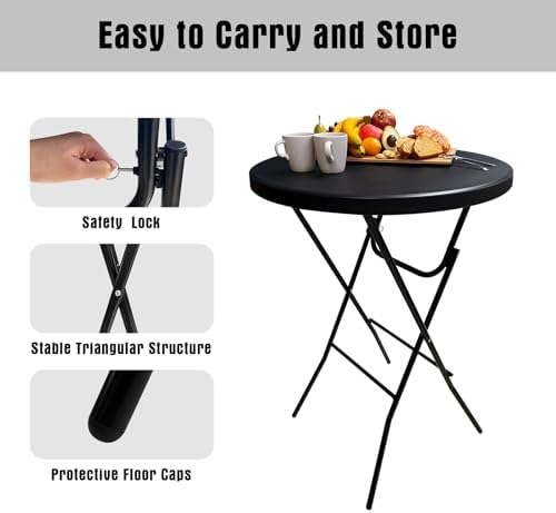 32-Inch Folding Cocktail Table, Round Bar Height High Top Table, Black in Black, alternate view 5