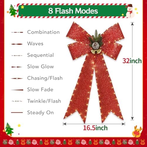 32 Inch Large Red Bows Christmas Decorations, 118 Led Lighted Giant Bow with 8 Light Functions &Timer, Golden, alternate view