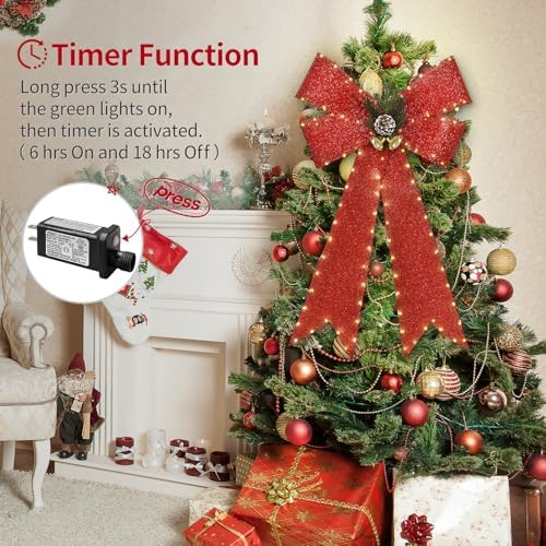 32 Inch Large Red Bows Christmas Decorations, 118 Led Lighted Giant Bow with 8 Light Functions &Timer, Golden, alternate view