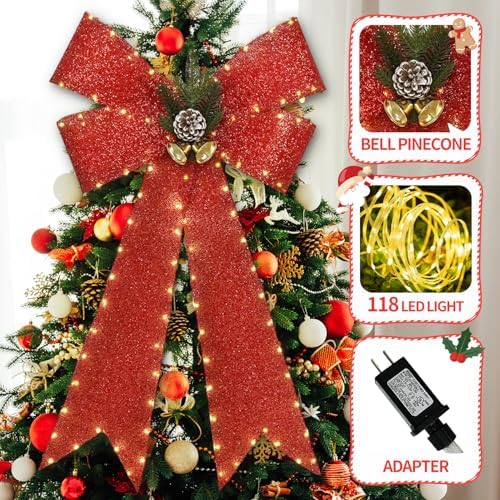32 Inch Large Red Bows Christmas Decorations, 118 Led Lighted Giant Bow with 8 Light Functions &Timer, Golden, alternate view