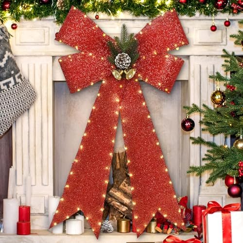 32 Inch Large Red Bows Christmas Decorations, 118 Led Lighted Giant Bow with 8 Light Functions &Timer, Golden, alternate view
