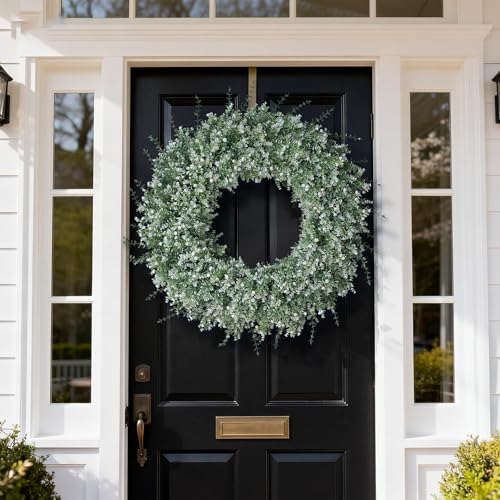 32" Large Artificial Eucalyptus Wreath for Front Door Decor (White-Green) in White-green, alternate view 2