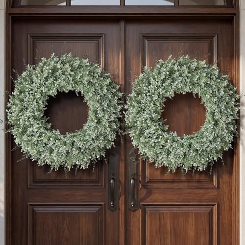 32" Large Artificial Eucalyptus Wreath for Front Door Decor (White-Green) in White-green, alternate view 3